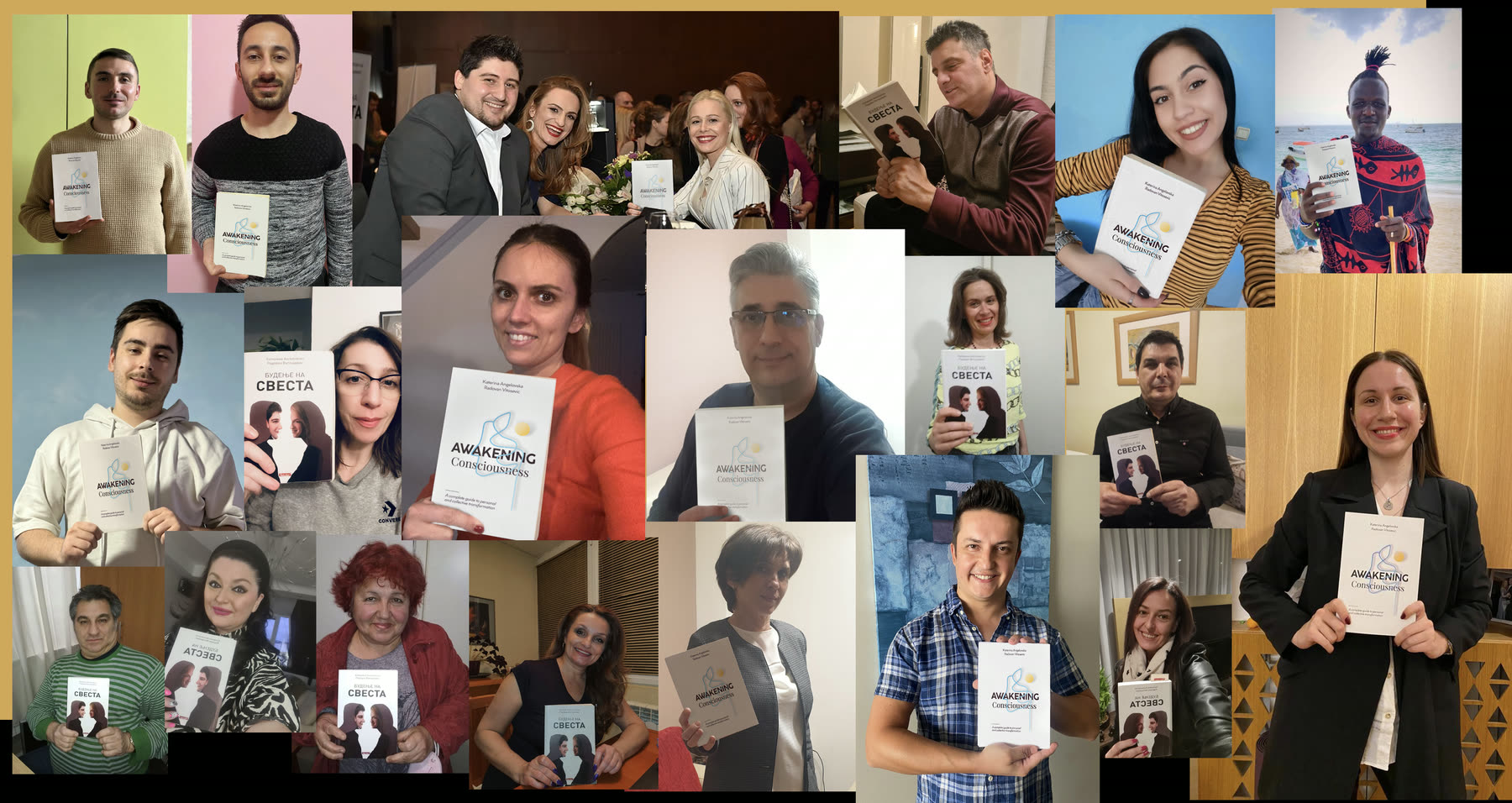 Collage of readers around the world holding Awakening Consciousness