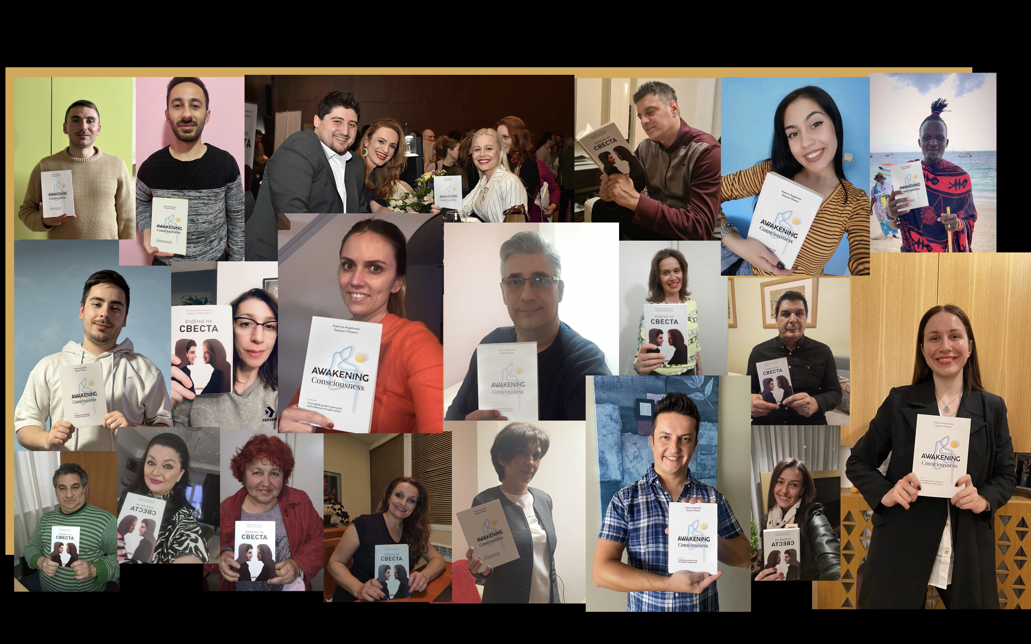 Collage of readers around the world holding Awakening Consciousness
